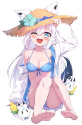 Rule 34 | 1girl, ;d, absurdres, animal ear fluff, animal ears, arm up, bare shoulders, barefoot, bikini, bikini skirt, blue bikini, blue bow, blue eyes, blue flower, blush, bow, braid, breasts, brown hat, collarbone, commentary request, ears through headwear, feet, flower, fox ears, fox girl, fox tail, front-tie bikini top, front-tie top, full body, hand on headwear, hat, hat bow, hat flower, highres, hololive, jacket, knees together feet apart, knees up, legs, long hair, long sleeves, looking at viewer, masaki (msk064), medium breasts, off shoulder, one eye closed, open clothes, open jacket, open mouth, shirakami fubuki, simple background, sleeves past wrists, smile, soles, solo, straw hat, swimsuit, tail, toes, very long hair, virtual youtuber, white background, white hair, white jacket, wide sleeves
