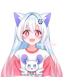 Rule 34 | 1girl, :d, animal ear fluff, animal ears, bad id, bad pixiv id, blush, commission, copyright request, gradient hair, hair between eyes, hair ornament, hug, looking at viewer, mamel 27, multicolored hair, open mouth, pink hair, raglan sleeves, red eyes, shirt, short sleeves, simple background, smile, upper body, watermark, white background, white hair, white shirt