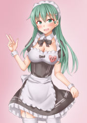 Rule 34 | 1girl, alternate costume, anti (untea9), apron, aqua eyes, black dress, black neckerchief, breasts, cleavage, detached collar, dress, enmaided, framed breasts, frilled apron, frilled dress, frills, garter straps, gradient background, green hair, hair ornament, hairclip, highres, holding, holding clothes, holding dress, kantai collection, long hair, looking at viewer, maid, maid apron, maid headdress, medium breasts, neckerchief, open mouth, pink background, puffy short sleeves, puffy sleeves, short sleeves, smile, solo, suzuya (kancolle), thighhighs, waist apron, white apron, white thighhighs, wrist cuffs