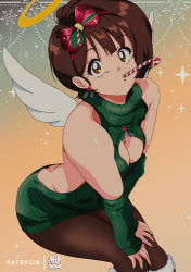Rule 34 | 1girl, angel wings, arm warmers, artist logo, artist name, artist self-insert, ass, backless dress, backless outfit, bare back, bare shoulders, black pantyhose, bluethebone, bluesona (bluethebone), boots, bow, breasts, brown eyes, brown hair, butt crack, candy, candy cane, cleavage, cleavage cutout, clothing cutout, commentary, dress, earrings, english commentary, fictional persona, food, fur-trimmed boots, fur trim, green dress, green sweater, hair bow, halo, hands on own knees, highres, holly, holly earrings, jewelry, leaning forward, looking at viewer, medium breasts, meme attire, mouth hold, original, pantyhose, retro artstyle, short hair, solo, star (symbol), star in eye, sweater, sweater dress, symbol in eye, turtleneck, turtleneck sweater, virgin killer sweater, wings