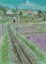 Rule 34 | absurdres, blue sky, cherry blossoms, cloud, cloudy sky, day, field, flower, flower field, forest, grass, highres, nature, no humans, original, painting (medium), purple flower, railroad tracks, scenery, sky, tanamachi yoshihiro, traditional media, traffic light, train, tree, utility pole, yellow flower