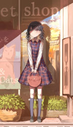 Rule 34 | 1girl, absurdres, bag, black footwear, black hair, black socks, blue bow, blush, bow, closed mouth, collared dress, commentary request, dress, fukumaru koito, full body, hair between eyes, hair bow, highres, holding, holding bag, idolmaster, idolmaster shiny colors, kneehighs, long sleeves, nemu kotatsu, outdoors, plaid, plaid dress, red dress, red eyes, shirt, shoes, sleeveless, sleeveless dress, sleeves past wrists, socks, solo, standing, twintails, v arms, white shirt