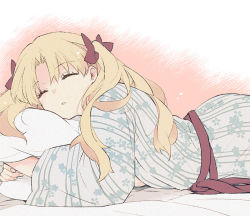 Rule 34 | 1girl, azumi (myameco), blonde hair, ereshkigal (fate), closed eyes, fate/grand order, fate (series), hair ribbon, japanese clothes, kimono, long hair, lying, on stomach, parted lips, pillow, red ribbon, ribbon, solo, two side up, white kimono