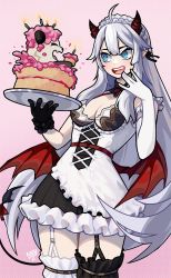 Rule 34 | 1girl, asymmetrical gloves, black gloves, breasts, cake, candle, cleavage, commentary, commission, cowlick, demon girl, demon wings, elbow gloves, english commentary, food, gloves, hair between eyes, highres, holding, holding tray, horns, indie virtual youtuber, leaning back, long hair, maid headdress, milkytiddyboy, mismatched gloves, mixed-language commentary, open mouth, pink background, second-party source, single elbow glove, small breasts, solo, thighhighs, tray, vei (vtuber), vei (vtuber) (4th costume), very long hair, virtual youtuber, white gloves, white hair, wings