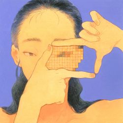 Rule 34 | 1girl, bare shoulders, black hair, covering own mouth, finger frame, hair pulled back, highres, kan0nakan0, long hair, looking at viewer, original, pixelated, portrait, purple background, simple background, solo, upper body