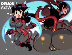 Rule 34 | 1girl, :d, ass, asta rindo (rariatto), bat wings, black eyes, black hair, blush, blush stickers, bodysuit, breasts, cameltoe, cleft of venus, covered navel, demon girl, demon tail, fang, from behind, full body, highres, impossible bodysuit, impossible clothes, long hair, looking at viewer, looking back, mixed-language commentary, multiple views, naughty face, nose blush, open mouth, original, rariatto (ganguri), smile, tail, wings