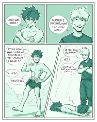 Rule 34 | 2boys, alternate universe, bakugou katsuki, barefoot, body freckles, boku no hero academia, comic, commentary, crossed arms, english commentary, english text, failure, falling, freckles, green theme, habkart, hand on own hip, highres, looking at another, male focus, midoriya izuku, monochrome, multiple boys, open mouth, pants, shirt, short hair, short sleeves, smile, smug, speech bubble, spiked hair, standing, topless male