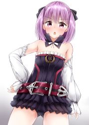 Rule 34 | 1girl, absurdres, bare shoulders, belt, black panties, black thighhighs, blush, chestnut mouth, detached sleeves, fate/grand order, fate (series), flat chest, from below, gradient background, helena blavatsky (fate), highres, looking at viewer, moyoron, panties, purple eyes, purple hair, short hair, solo, strapless, thighhighs, sefirot, underwear, white background