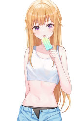 Rule 34 | 1girl, absurdres, arm behind back, bare arms, black panties, blonde hair, braid, collarbone, crop top, food, french braid, highres, holding, holding food, long hair, looking at viewer, midriff, navel, open fly, open mouth, original, panties, popsicle, purple eyes, simple background, solo, standing, stomach, underwear, very long hair, white background, yeolyeo