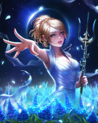 Rule 34 | 1girl, absurdres, blonde hair, blue eyes, braid, crescent, crescent necklace, dress, final fantasy, final fantasy xv, highres, jewelry, lips, lunafreya nox fleuret, necklace, parted lips, polearm, rena illusion, short hair, solo, trident, weapon, white dress