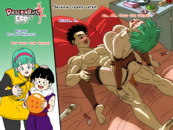 Rule 34 | 1boy, 1girl, anal, anal beads, anal object insertion, ass, bed, black eyes, black hair, black thighhighs, blue eyes, blue hair, blunt bangs, blush, bouncing breasts, breasts, bulma, closed eyes, condom, condom wrapper, cowgirl position, dragonball z, english text, garter belt, garter straps, girl on top, green hair, hand on another&#039;s thigh, head tilt, hetero, highres, hitachi magic wand, indoors, large breasts, mature female, nipples, object insertion, open mouth, pillow, sequential, sex, sex toy, sexyballz, short hair, son gohan, spiked hair, straddling, sweat, text focus, thighhighs, topless, used condom, vaginal, vibrator