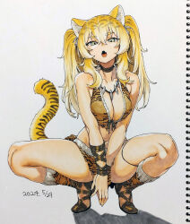 Rule 34 | 1girl, animal ears, animal print, blonde hair, breasts, choker, cleavage, fang, fur bikini, fur trim, green eyes, houtengeki, jewelry, long hair, medium breasts, necklace, open mouth, original, sandals, sidelocks, simple background, sketchbook, skin fang, solo, squatting, tail, thighs, tiger ears, tiger girl, tiger girl (houtengeki), tiger print, tiger tail, tooth necklace, traditional media, twintails, v arms, white background, wristband