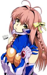 Rule 34 | 1girl, antenna hair, artist name, blue gloves, bow, braid, breasts, clothing cutout, covered erect nipples, eyebrows visible through hat, fortified suit, gloves, green eyes, hair bow, hand on own shoulder, head tilt, highres, kimi ga nozomu eien, long hair, looking at viewer, medium breasts, muv-luv, muv-luv alternative, nipple stimulation, nipple tweak, parted lips, pilot suit, popgun (22882502), portrait, science fiction, shoulder cutout, side braid, skin tight, solo, suzumiya haruka, white background, yellow bow