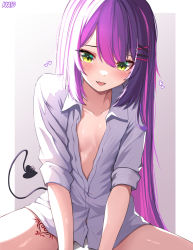Rule 34 | 1girl, :d, absurdres, collared shirt, demon girl, demon tail, flat chest, green eyes, hair ornament, hairclip, highres, hololive, kkato, leg tattoo, long hair, looking at viewer, open mouth, partially unbuttoned, piercing, purple hair, shirt, sitting, smile, solo, tail, tail ornament, tail piercing, tattoo, tokoyami towa, very long hair, virtual youtuber
