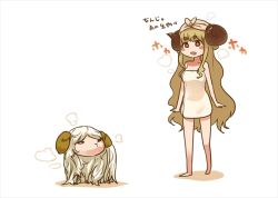 Rule 34 | 10s, 1girl, anila (granblue fantasy), animal, ao (aocooler), blonde hair, blush stickers, border, breasts, draph, eyebrows, full body, granblue fantasy, horns, large breasts, long hair, naked towel, open mouth, sheep, sheep horns, short eyebrows, simple background, solo, standing, steam, thick eyebrows, towel, translation request, wavy hair, wet, white background