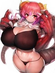 Rule 34 | 1girl, black panties, breasts, claws, cleavage, clenched teeth, dragon girl, dragon horns, dragon tail, fumio (rsqkr), fur collar, highres, horns, huge breasts, ilulu (maidragon), kobayashi-san chi no maidragon, long hair, looking at viewer, multicolored hair, navel, panties, purple hair, red eyes, red hair, sharp teeth, simple background, slit pupils, smile, solo, tail, teeth, thighs, two-tone hair, underwear, white background, wide hips