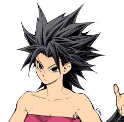 Rule 34 | 1girl, arm at side, arm up, bare arms, bare shoulders, black eyes, black hair, breasts, caulifla, cleavage, close-up, collarbone, commentary request, dragon ball, dragon ball super, frown, korean commentary, looking away, medium breasts, pink tube top, pink tubetop, rheepic, serious, simple background, solo, spiked hair, strapless, tube top, twitter username, upper body, white background, wristband
