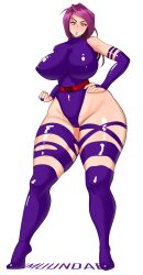 Rule 34 | 1girl, alternate breast size, artist name, boots, breasts, cameltoe, clenched hand, curvy, elbow gloves, full body, gloves, highleg, highleg leotard, highres, large breasts, leotard, marvel, muundae, plump, psylocke, pulled by self, purple eyes, purple hair, purple leotard, revealing clothes, shiny clothes, shiny skin, solo, standing, thick thighs, thigh boots, thighs, wedgie, wide hips, x-men