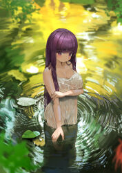 Rule 34 | 1girl, aduo, blunt bangs, breasts, cleavage, closed mouth, collarbone, dress, fern (sousou no frieren), highres, large breasts, long hair, looking at viewer, partially submerged, purple eyes, purple hair, see-through, see-through dress, sousou no frieren, water, wet, wet clothes, wet dress, white dress