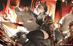Rule 34 | 1girl, animal ear fluff, animal ears, arknights, armored gloves, ascot, black jacket, black nails, black skirt, black thighhighs, blood, bloody weapon, braid, chandelier, chinese commentary, closed mouth, commentary request, feet out of frame, fingernails, frown, gloves, grey hair, hair between eyes, highres, holding scale, jacket, jewelry, long hair, looking at viewer, mole, mole above eye, nail polish, necklace, penance (arknights), pleated skirt, rohono, single braid, single glove, skirt, slit pupils, solo, tail, thighhighs, very long hair, weapon, weibo logo, weibo watermark, weighing scale, white ascot, wolf, wolf ears, wolf girl, wolf tail, yellow eyes