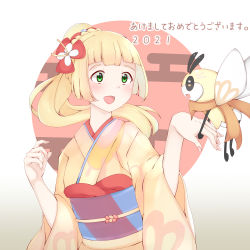 Rule 34 | 1girl, akeome, alternate costume, blonde hair, blunt bangs, cowboy shot, creatures (company), eye contact, flower, game freak, gen 7 pokemon, green eyes, hair flower, hair ornament, hand grab, happy new year, highres, japanese clothes, kimono, ko to tsuki, lillie (pokemon), looking at another, new year, nintendo, open mouth, pokemon, pokemon masters ex, ponytail, ribombee, simple background, smile, yukata