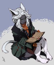 Rule 34 | 10s, 1girl, animal ears, black skin, book, cat ears, cat tail, colored skin, facial mark, feet, feguimel, final fantasy, final fantasy xiv, freckles, from above, green eyes, lips, long hair, looking to the side, miqo&#039;te, open book, pigeon-toed, sitting, smile, socks, solo, tail, toes, torn clothes, warrior of light (ff14), white hair, white socks