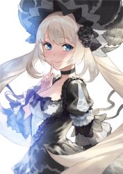 Rule 34 | 1girl, backlighting, black bow, black choker, black dress, black hat, blue eyes, bow, breasts, choker, cleavage, closed mouth, commentary request, dress, fate/grand order, fate (series), grey hair, hand up, hat, highres, layered sleeves, long hair, long sleeves, marie antoinette (fate), medium breasts, puffy short sleeves, puffy sleeves, short over long sleeves, short sleeves, simple background, smile, solo, terai (teraimorimori), twintails, very long hair, white background, wide sleeves
