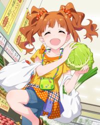 Rule 34 | 1girl, ^ ^, artist request, bag, blunt bangs, cabbage, closed eyes, collarbone, curly hair, food, groceries, grocery bag, holding, idolmaster, idolmaster (classic), idolmaster million live!, idolmaster million live! theater days, indoors, looking at viewer, official art, open mouth, orange hair, pants, ribbon, shopping, shopping bag, short sleeves, smile, solo, spring onion, takatsuki yayoi, twintails