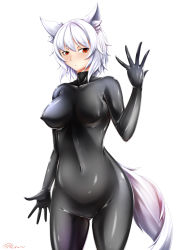 Rule 34 | 1girl, :&lt;, animal ear fluff, animal ears, artist name, bad id, bad pixiv id, black bodysuit, bodysuit, breasts, collarbone, commentary request, covered erect nipples, covered navel, cowboy shot, groin, hair between eyes, hand up, highres, inubashiri momiji, inyuppo, latex, latex bodysuit, looking at viewer, medium breasts, navel, no headwear, red eyes, shiny clothes, short hair, signature, silver hair, simple background, skin tight, solo, standing, stomach, tail, thighs, touhou, white background, wolf ears, wolf tail