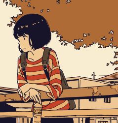 Rule 34 | 1girl, against railing, autumn, autumn leaves, backpack, bag, black eyes, black hair, black pants, bob cut, bottle, building, closed mouth, commentary request, evening, highres, holding, holding bottle, hosoo, leaning forward, light frown, long sleeves, looking to the side, original, outdoors, pants, railing, red shirt, shirt, solo, striped clothes, striped shirt, sunlight, utility pole, white shirt