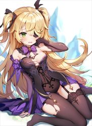 Rule 34 | 1girl, bare shoulders, black dress, black gloves, blonde hair, bow, bowtie, breasts, bridal gauntlets, brown thighhighs, detached collar, dress, elbow gloves, eyepatch, fischl (genshin impact), garter straps, genshin impact, gloves, green eyes, hair bow, has bad revision, highres, jehyun, long hair, looking at viewer, medium breasts, no shoes, open mouth, single leg pantyhose, single thighhigh, sitting, solo, tears, thighhighs, torn clothes, torn dress, torn thighhighs, two side up, very long hair, wariza