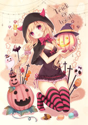 Rule 34 | 1girl, bad id, bad pixiv id, bat (animal), blonde hair, bow, breasts, candy, cleavage, dress, food, full body, ghost, halloween, horns, jack-o&#039;-lantern, long hair, looking at viewer, nunucco, original, panties, red eyes, scrunchie, smile, solo, striped clothes, striped thighhighs, thighhighs, trick or treat, twintails, underwear, white panties, zettai ryouiki