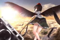 Rule 34 | 1girl, above clouds, bad id, bad pixiv id, bare legs, bird wings, black hair, blouse, blue sky, blurry, camera, cloud, depth of field, feathers, flying, from behind, hat, lens flare, looking at viewer, looking back, red eyes, rok (guitar0706), shameimaru aya, shirt, short hair, skirt, sky, solo, strap, sun, tokin hat, touhou, wings