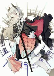 Rule 34 | 1girl, ankle boots, arknights, belt, black cape, black footwear, black gloves, black jacket, blush, boots, cape, chinese commentary, closed mouth, commentary request, dutch angle, earrings, gloves, grey eyes, grey hair, gun, head wings, high-waist skirt, highres, irene (arknights), jacket, jewelry, jiuming, layered skirt, leg up, long hair, long sleeves, looking at viewer, pantyhose, pink skirt, scar, scar across eye, scar on face, sheath, sheathed, skirt, solo, standing, standing on one leg, sword, torn cape, torn clothes, weapon, white background, white pantyhose, white skirt, wings
