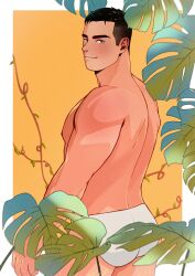 Rule 34 | 1boy, ass, back, bara, black eyes, black hair, cowboy shot, highres, imramillust, looking back, male focus, male underwear, monstera deliciosa, muscular, muscular male, nipples, original, pectorals, plant, short hair, sidepec, smile, solo, thick eyebrows, undercut, underwear, underwear only, vines, white male underwear, yellow background