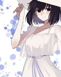 Rule 34 | 1girl, 710 ao, adjusting clothes, adjusting headwear, bare shoulders, black eyes, black hair, blush, closed mouth, collarbone, commentary request, dress, floating hair, hair between eyes, hat, highres, kuonji alice, looking at viewer, mahou tsukai no yoru, official alternate costume, see-through, sleeveless, sleeveless dress, smile, solo, sun hat, white background, white dress, white hat