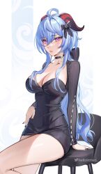 Rule 34 | 1girl, ahoge, alternate costume, arm support, black bow, black choker, black dress, black nails, blue hair, bow, breasts, choker, cleavage, commentary, dress, ganyu (genshin impact), genshin impact, hair between eyes, hair bow, helloimtea, highres, horns, large breasts, long hair, long sleeves, looking at viewer, nail polish, pencil dress, pink lips, purple eyes, short dress, sitting, solo, thighs, unfinished, very long hair