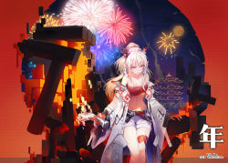 Rule 34 | 1girl, 2020, :p, absurdres, arknights, bandeau, bare shoulders, blush, braid, breasts, character name, cleavage, commentary request, copyright name, feet out of frame, fireworks, half updo, highres, holding, horns, jacket, long hair, long sleeves, looking at viewer, medium breasts, midriff, multicolored hair, navel, nian (arknights), off shoulder, open clothes, open jacket, red background, red eyes, short shorts, shorts, sidelocks, silver hair, smile, solo, stomach, strapless, streaked hair, thighs, tongue, tongue out, translated, tube top, v-shaped eyebrows, white jacket, white shorts, wide sleeves, yushe quetzalli