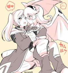 Rule 34 | 2girls, armor, carrying, closed mouth, corrin (female) (fire emblem), corrin (fire emblem), dragon wings, eromame, fire emblem, fire emblem awakening, fire emblem fates, hairband, long hair, long sleeves, monochrome, multiple girls, nintendo, open mouth, pointy ears, princess carry, robin (female) (fire emblem), robin (fire emblem), simple background, twintails, twitter username, wings, yuri