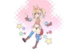 Rule 34 | 1girl, absurdres, animal ears, blonde hair, blush stickers, bokushi, boots, dog ears, elin, fang, full body, gloves, highres, long hair, navel, no pants, open mouth, outstretched arms, panties, purple eyes, sleeveless, smile, solo, standing, standing on one leg, star (symbol), striped clothes, striped thighhighs, tail, tera online, thighhighs, transparent background, twintails, underwear, vest
