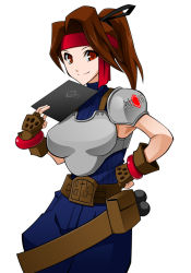 Rule 34 | 1990s (style), 1girl, armor, asurin, belt, blue pants, bracelet, breastplate, breasts, brown eyes, brown hair, clipboard, closed mouth, facing viewer, female focus, final fantasy, final fantasy vii, fingerless gloves, folder, gloves, hair ornament, hair ribbon, hair tie, hand on own hip, happy, headband, high ponytail, hip focus, jessie rasberry, jewelry, large breasts, long hair, looking at viewer, matching hair/eyes, pants, ponytail, red headband, retro artstyle, ribbon, shirt, shoulder pads, simple background, sleeveless, sleeveless turtleneck, smile, solo, standing, turtleneck, white background