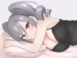 Rule 34 | 1girl, alternate costume, bare shoulders, black camisole, blush, breasts, camisole, cleavage, drill hair, eyelashes, hair between eyes, highres, idolmaster, idolmaster cinderella girls, kanzaki ranko, large breasts, lying, on bed, on side, open mouth, pillow, pov across bed, red eyes, sidelocks, silver hair, simple background, sleeveless, solo, twin drills, twintails