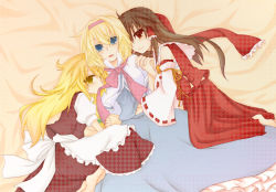 Rule 34 | 3girls, ahoge, alice margatroid, arm hug, blonde hair, blue dress, blue eyes, bow, brown dress, brown hair, capelet, detached sleeves, dress, female focus, hair bow, hair tubes, hairband, hakurei reimu, holding hands, hand on another&#039;s chest, hand under clothes, japanese clothes, kirisame marisa, lying, midriff, miko, mouth hold, multiple girls, necktie, no headwear, no headwear, on back, on side, open mouth, red dress, red eyes, ribbon, ribbon in mouth, smile, touhou, yellow eyes, yuuta (monochrome)
