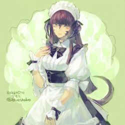 Rule 34 | 1girl, apron, au ra, black bow, black bowtie, black skirt, blunt bangs, bow, bowtie, brown hair, collared shirt, commentary request, cowboy shot, curled horns, dated, dragon girl, dragon horns, dragon tail, final fantasy, final fantasy xiv, green background, green eyes, hand on own chest, hand up, hime cut, horns, long hair, looking at viewer, maid, maid apron, maid headdress, nail polish, pink nails, puffy sleeves, scales, shirt, sidelocks, signature, simple background, skirt, smile, solo, standing, straight hair, tail, twitter username, uroko (mnr), waist apron, warrior of light (ff14), white apron, white shirt, wrist cuffs