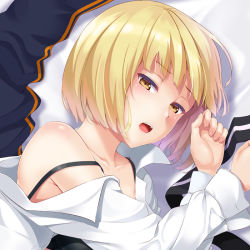 Rule 34 | 1girl, bed sheet, blonde hair, blunt bangs, blush, body blush, bra strap, brown eyes, character request, collarbone, dress, half-closed eyes, huyumitsu, long sleeves, looking at viewer, lying, nasu rei, off shoulder, on side, open clothes, open mouth, open shirt, shirt, short hair, single bare shoulder, solo, strapless, strapless dress, teeth, upper body, upper teeth only, white shirt, world trigger