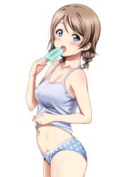 Rule 34 | 1girl, absurdres, alternate hairstyle, blue eyes, blue panties, blush, breasts, camisole, cleavage, clothes lift, collarbone, covered erect nipples, cowboy shot, fingernails, food, from side, highres, lifted by self, light brown hair, looking at viewer, love live!, love live! sunshine!!, low twintails, medium breasts, navel, open mouth, pale skin, panties, polka dot, polka dot panties, popsicle, sankuro (agoitei), scan, shirt lift, short hair, short twintails, simple background, solo, stomach, sweat, thighs, twintails, underwear, underwear only, watanabe you, white background