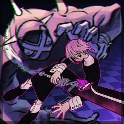 Rule 34 | 1other, 4lily, androgynous, black eyes, black footwear, border, checkered floor, closed mouth, crona (soul eater), cuff links, highres, holding, holding sword, holding weapon, long sleeves, looking at viewer, pink hair, ragnarok (demon sword), shoes, soul eater, sword, weapon, x x