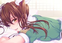 Rule 34 | 1girl, :d, blush, breasts, day, green shirt, hair between eyes, indoors, kantai collection, lips, long hair, looking at viewer, lying, medium breasts, hugging object, on bed, on stomach, open mouth, orange eyes, parted lips, pillow, pillow hug, shirt, short sleeves, smile, solo, tone (kancolle), upper body, window, yami (m31)