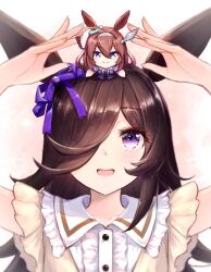 Rule 34 | 1girl, absurdres, ahoge, animal ears, arms up, black hair, blush, character doll, collarbone, commentary request, hair ornament, hair over one eye, highres, horse ears, horse girl, looking up, mihono bourbon (umamusume), portrait, rice shower (umamusume), sarasuty, simple background, solo, umamusume, white background