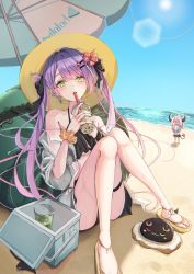 Rule 34 | 2girls, ahoge, ankle ribbon, ball, beach, beach umbrella, beachball, bibi (tokoyami towa), bikini, black bikini, black ribbon, black tail, blush, breasts, chibi, cooler, cup, drinking, drinking straw, drinking straw in mouth, flower, frilled bikini, frills, full body, green eyes, hair flower, hair ornament, hair ribbon, halterneck, highres, holding, holding cup, hololive, horns, la+ darknesss, leg ribbon, long hair, looking at viewer, mouth hold, multicolored hair, multiple girls, nail polish, ocean, open mouth, outdoors, piercing, pink hair, purple hair, ribbon, sand, see-through, see-through shirt, sitting, skirt, slippers, stalk in mouth, summer, sunlight, sweat, swimsuit, tail, tail ornament, tail piercing, thighs, tika tika4101, tokoyami towa, twintails, two-tone hair, umbrella, underboob, virtual youtuber, wristband